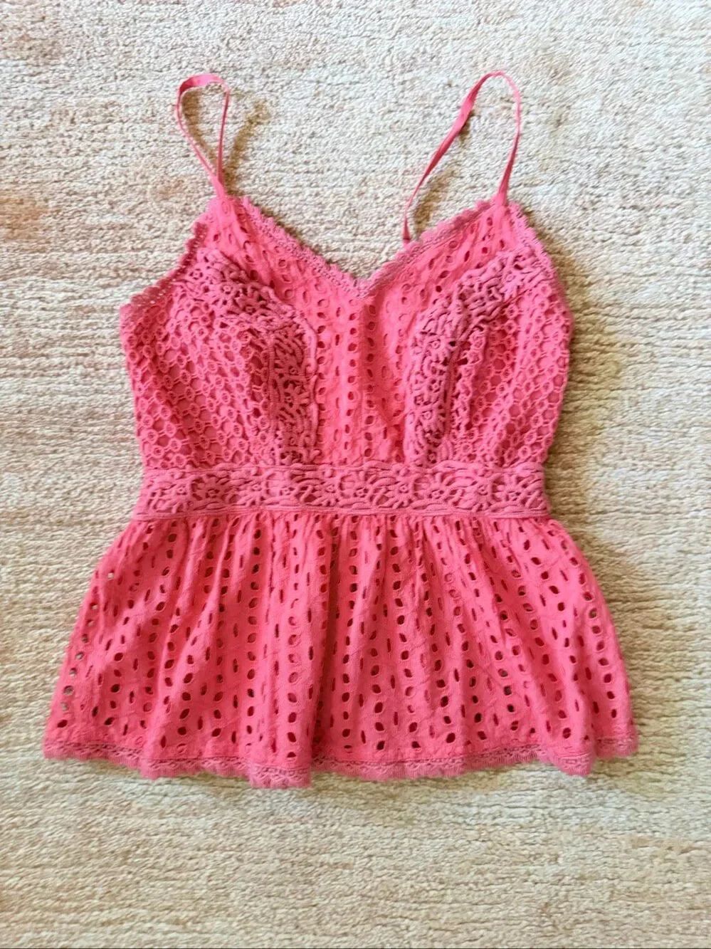 Japna Red Cotton Eyelet Lace Peplum Tank Top Adjustable Straps Size S